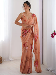 Adorable Peach Floral Printed Georgette Office Wear Saree With Blouse