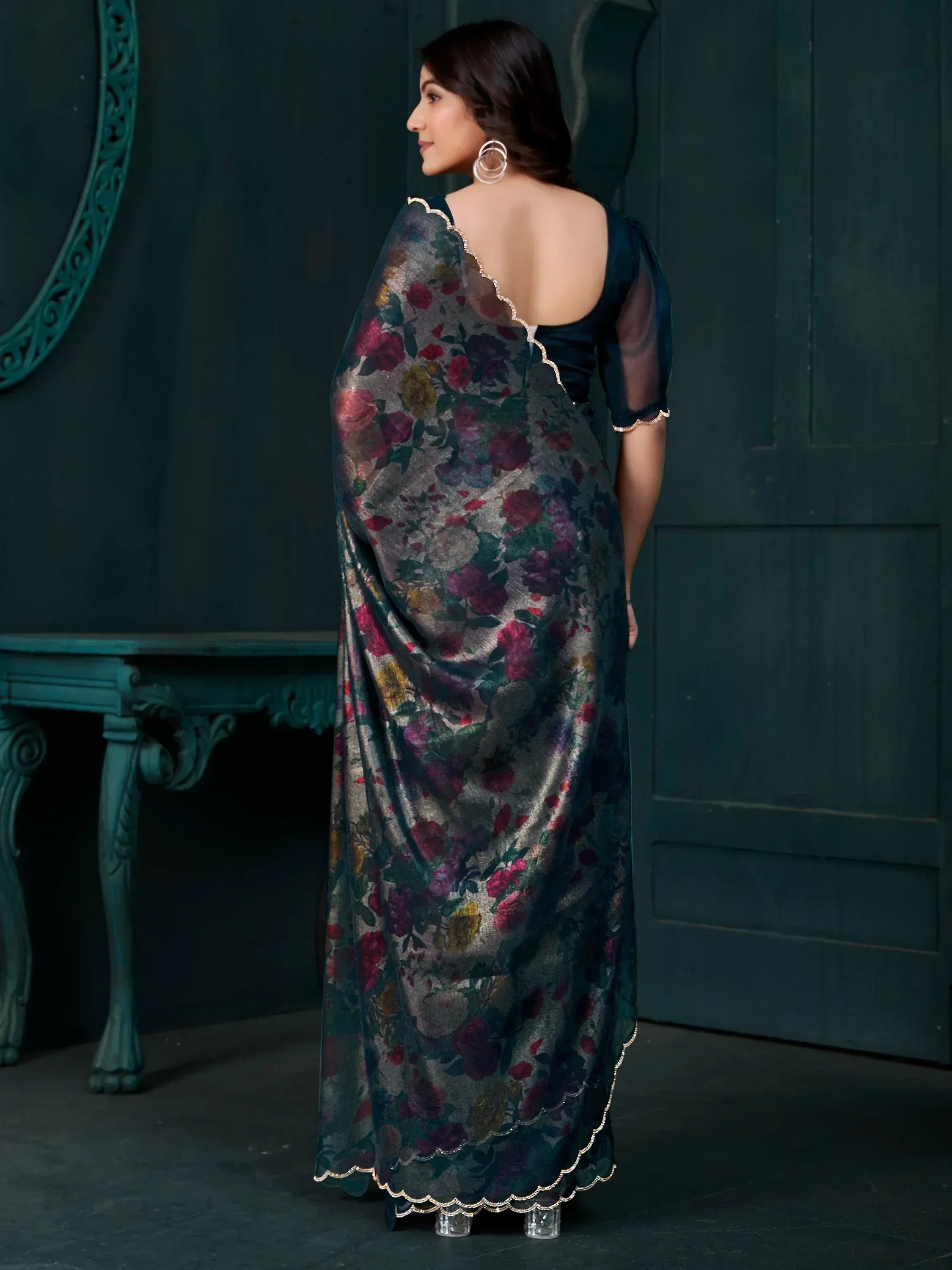Floral print saree with scalloped gold trim, backless blouse, ethnic Indian wear