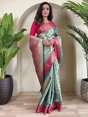 Adorable Teal Blue Zari Weaving Tissue Silk Festival Wear Saree