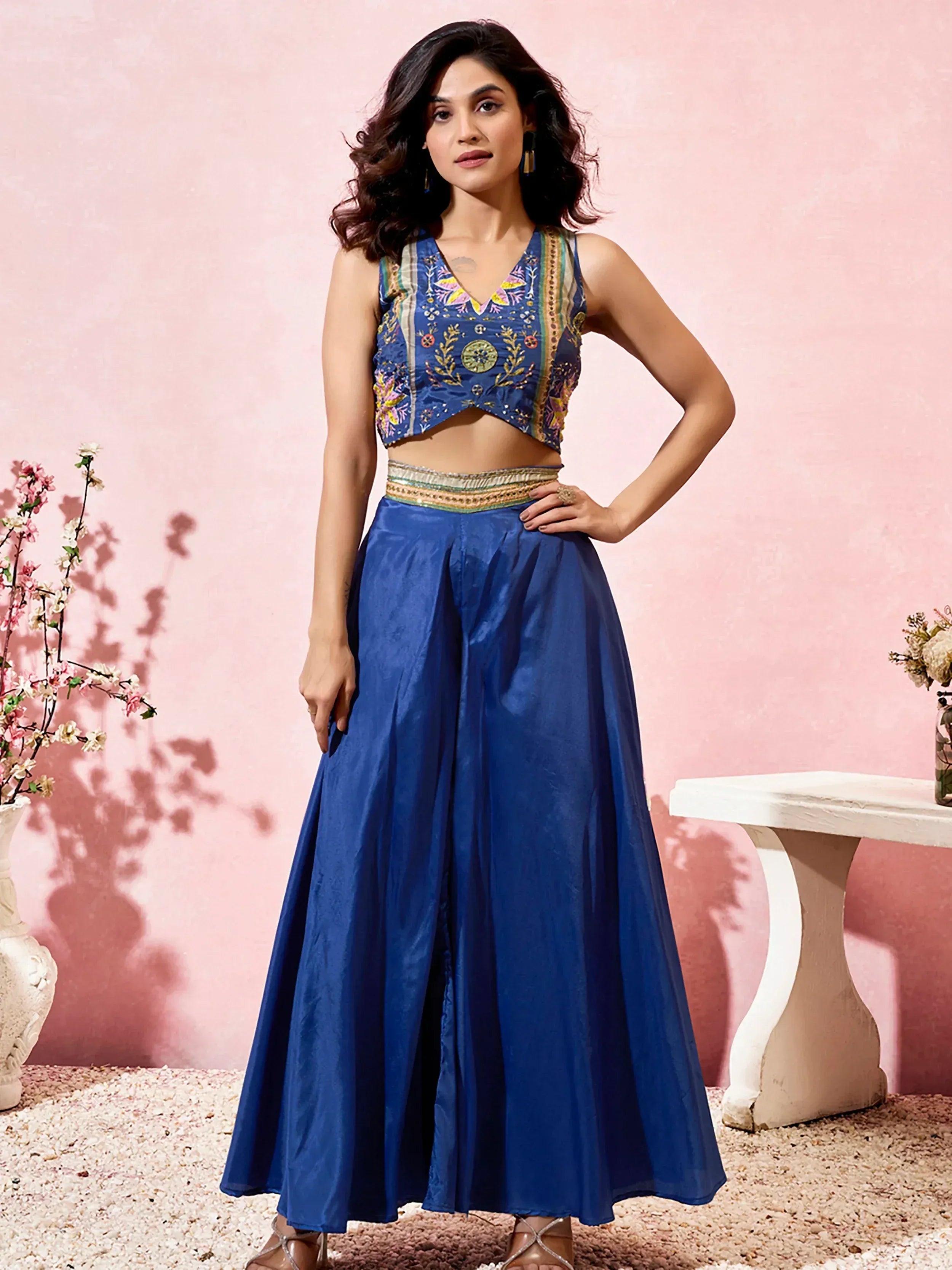 Blue embroidered crop top with flared skirt, Indian ethnic wear for women