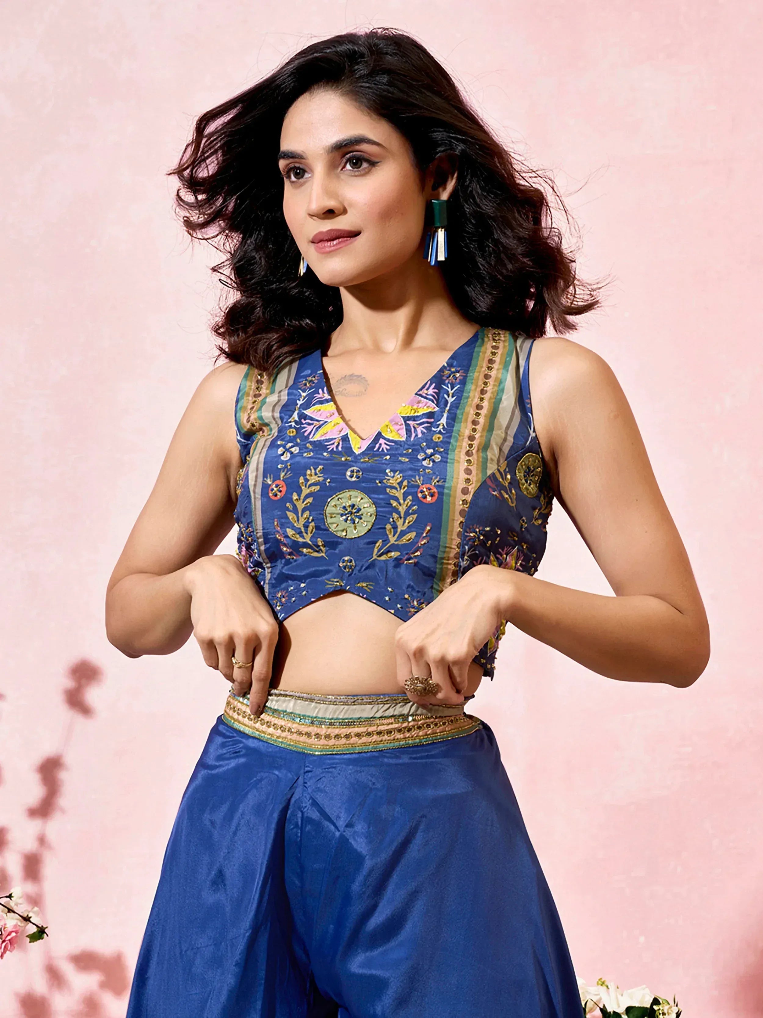Blue embroidered ethnic crop top and palazzo set with floral detailing, perfect for Indian festive wear.