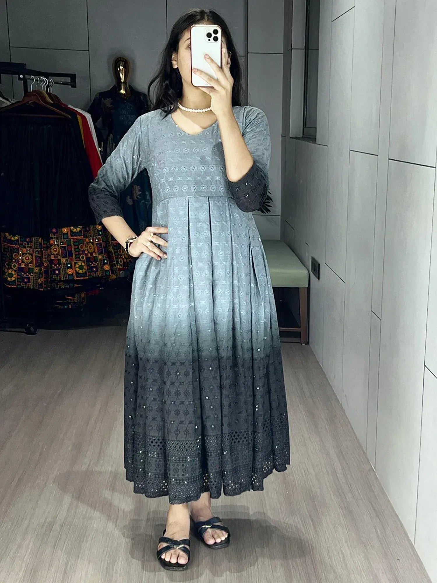 Grey ombre ethnic gown with floral embroidery, perfect for Indian wear occasions