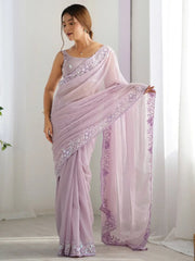 Adorning Lavender Embroidered Party Wear Saree With Blouse - Ethnic Plus In