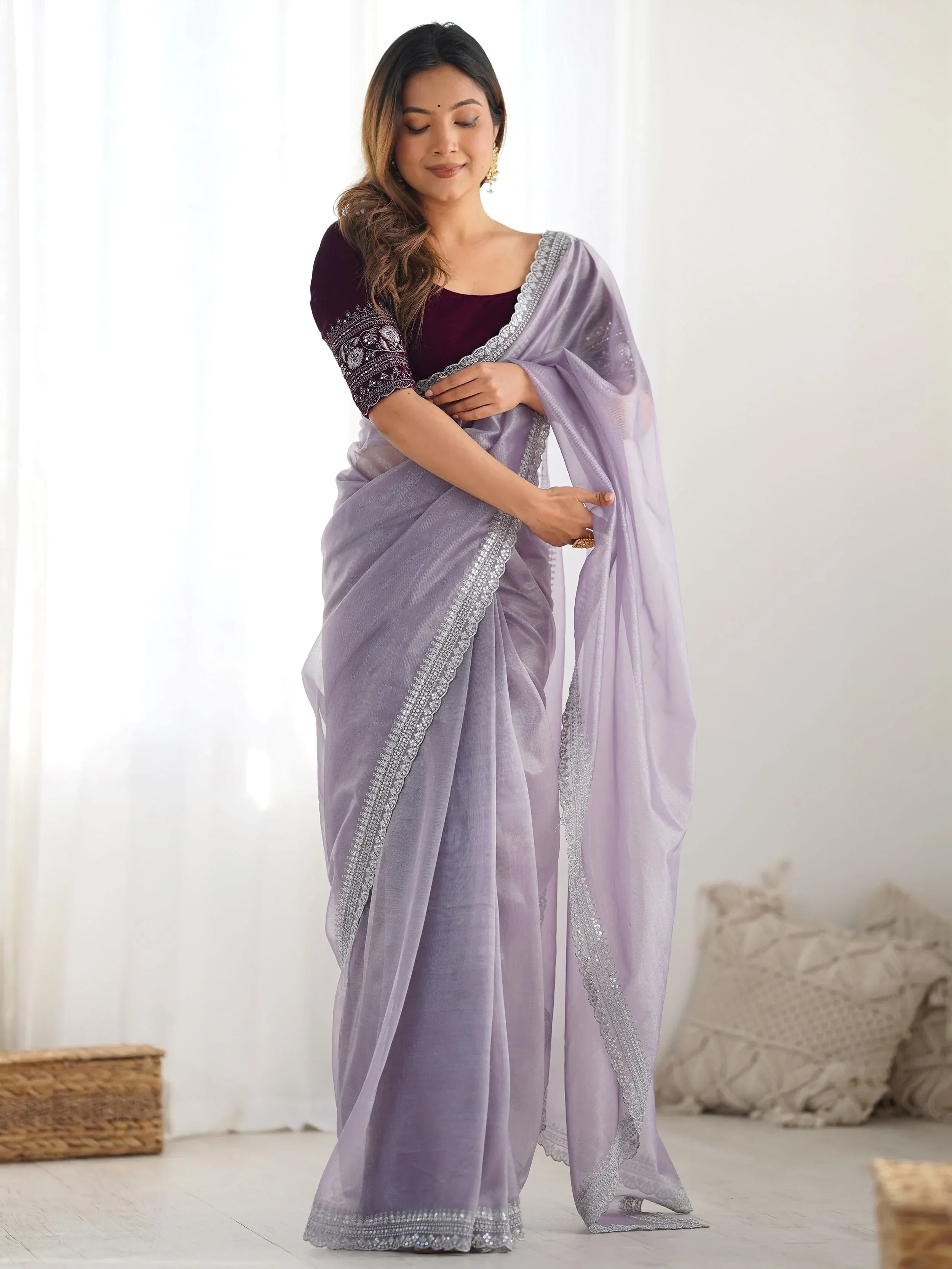 Adorning Lavender Sequins Embroidered Net Saree With Blouse - Ethnic Plus In
