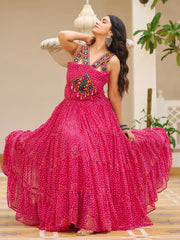 Adorning Pink Bandhani Print Festival Wear Gown - Ethnic Plus In