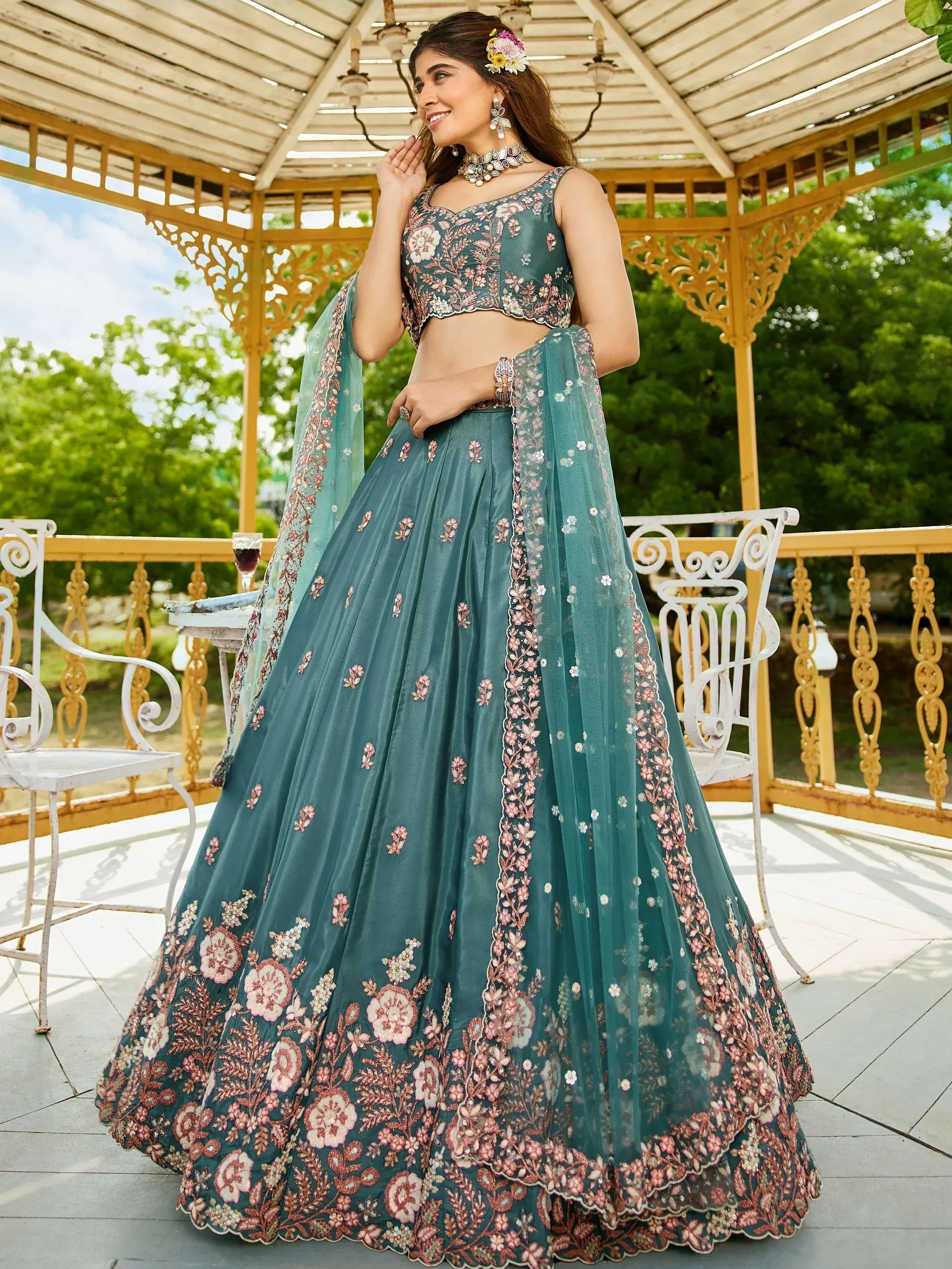 Teal floral embroidered lehenga choli with matching dupatta, perfect for Indian ethnic occasions
