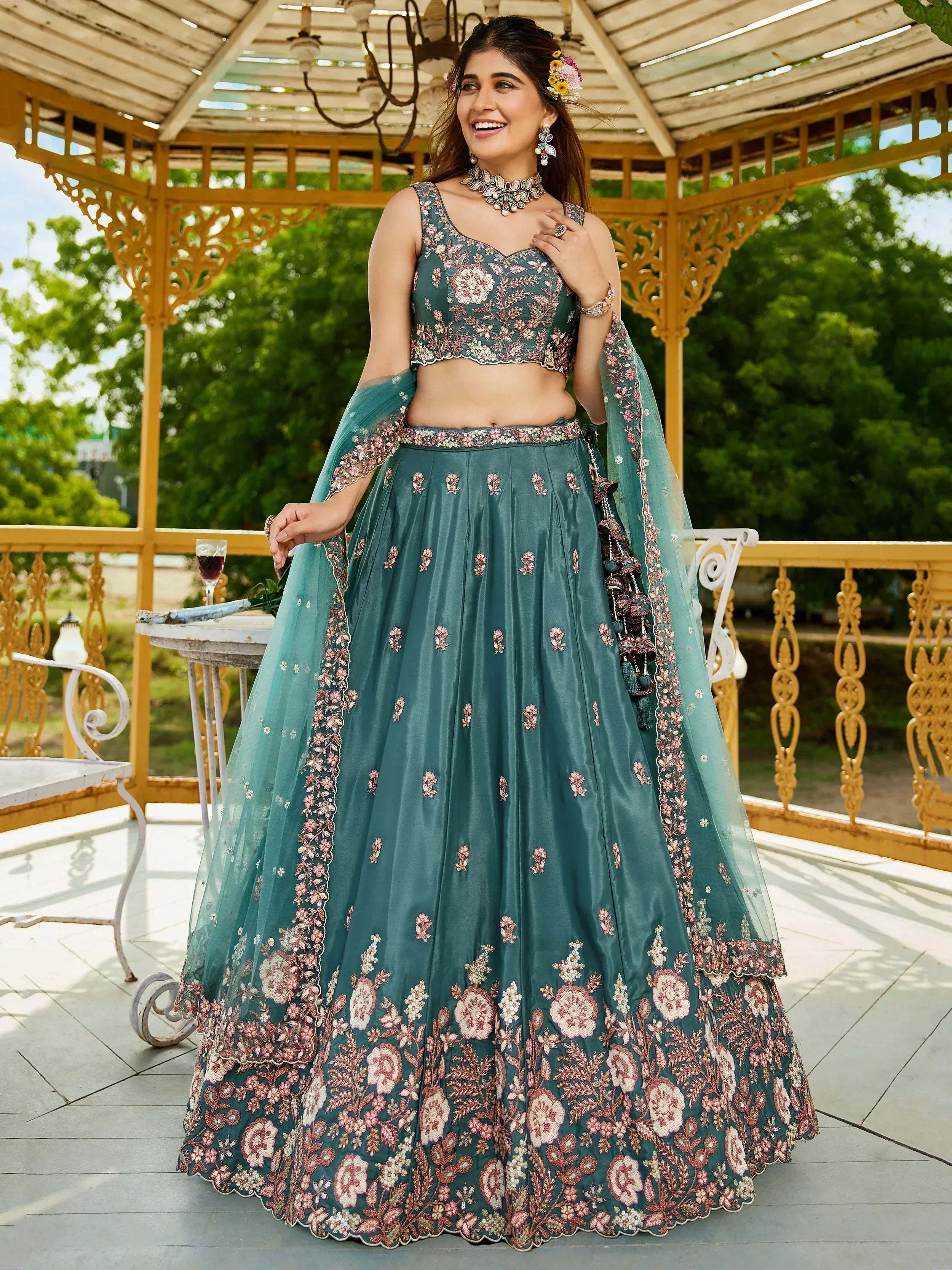 Teal floral embroidered lehenga choli with dupatta, perfect for Indian ethnic wear occasions