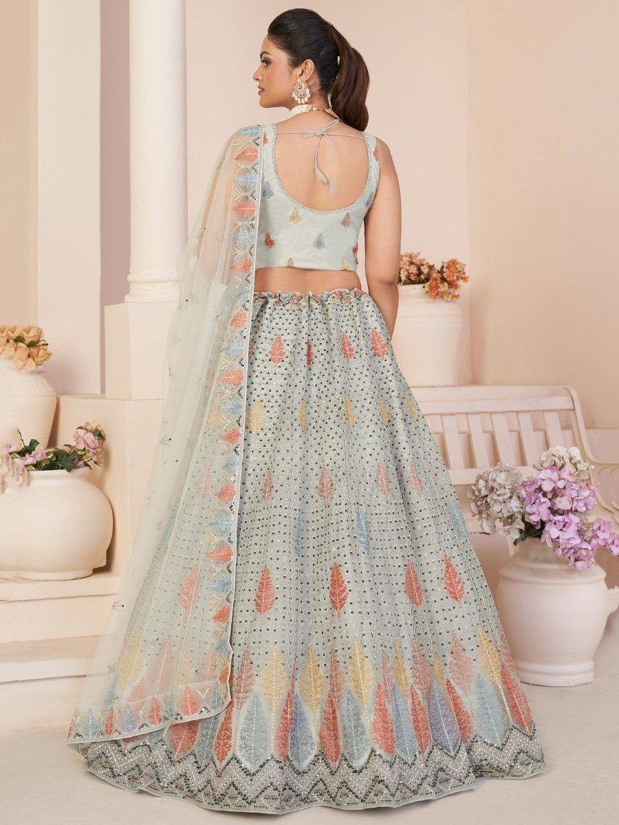 Pastel blue lehenga choli with feather embroidery, back view, ethnic Indian wear