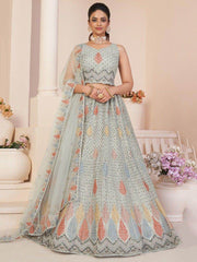 Stunning Grey Sequins Net Reception Wear Lehenga Choli With Dupatta