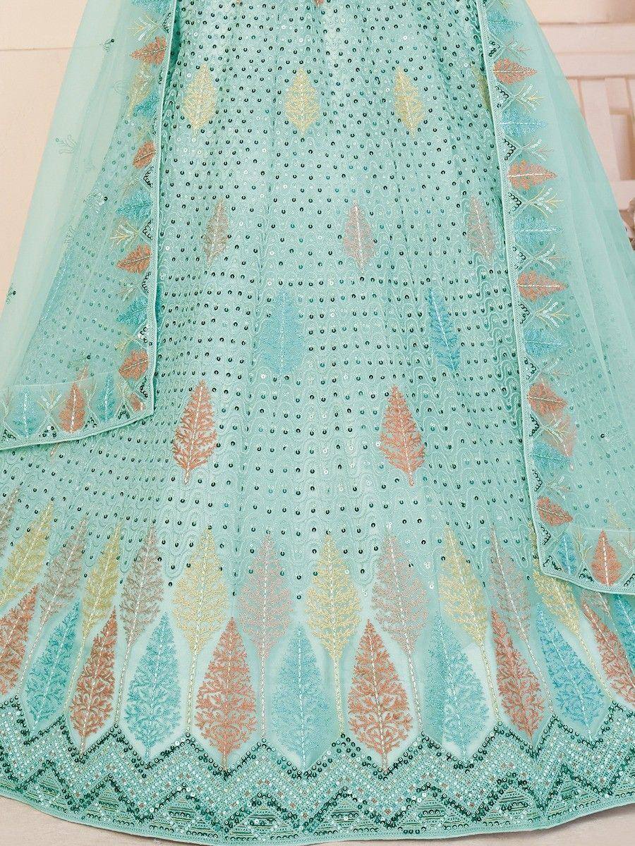 Mint green lehenga with leaf embroidery and sequin detailing, perfect for Indian ethnic wear events.