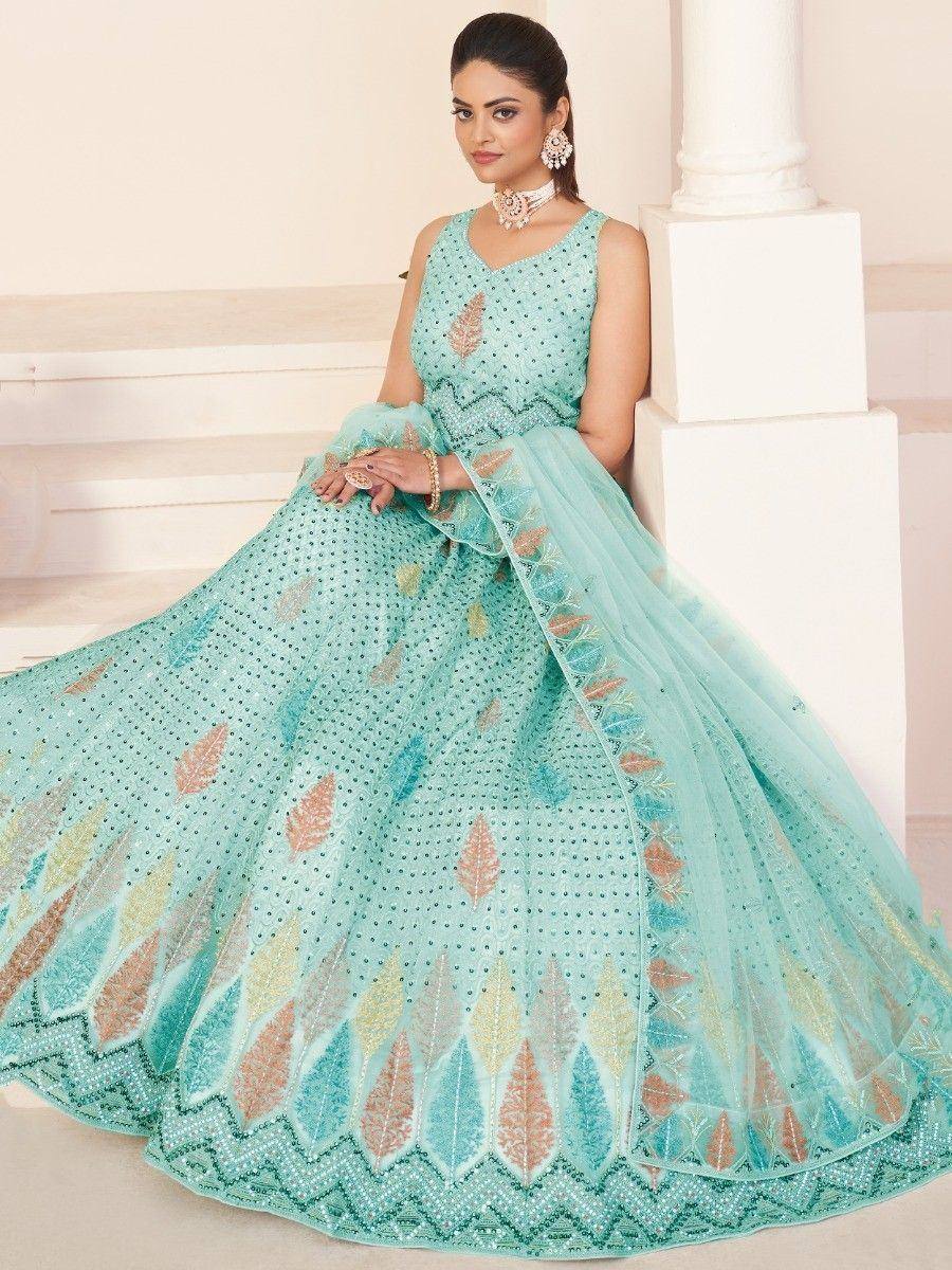 Mint green designer lehenga choli with leaf embroidery and sequins, perfect for Indian ethnic occasions