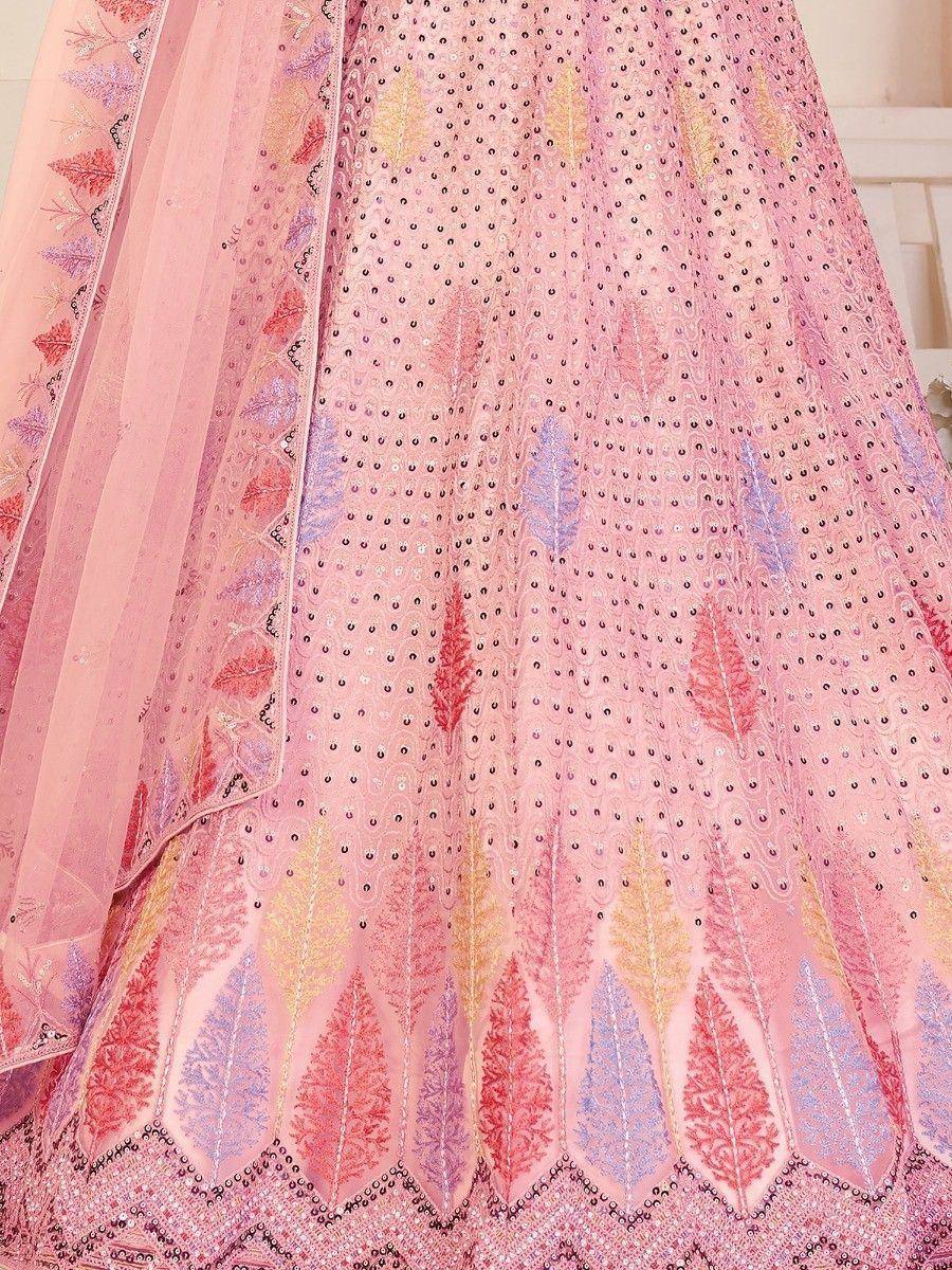 Pink embroidered lehenga with feather motifs and sequin detailing, perfect for ethnic wear occasions