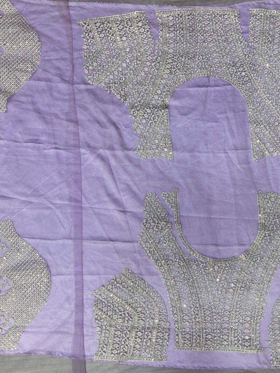 Lavender ethnic blouse fabric with intricate silver embroidery and sequin work for designer lehenga choli