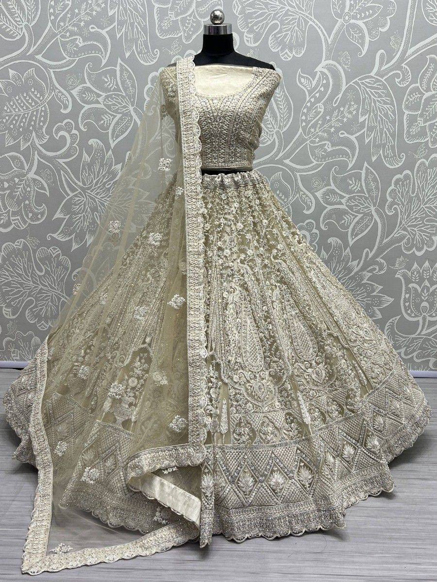 Cream embroidered lehenga choli with dupatta, Indian ethnic wear for weddings and festivals