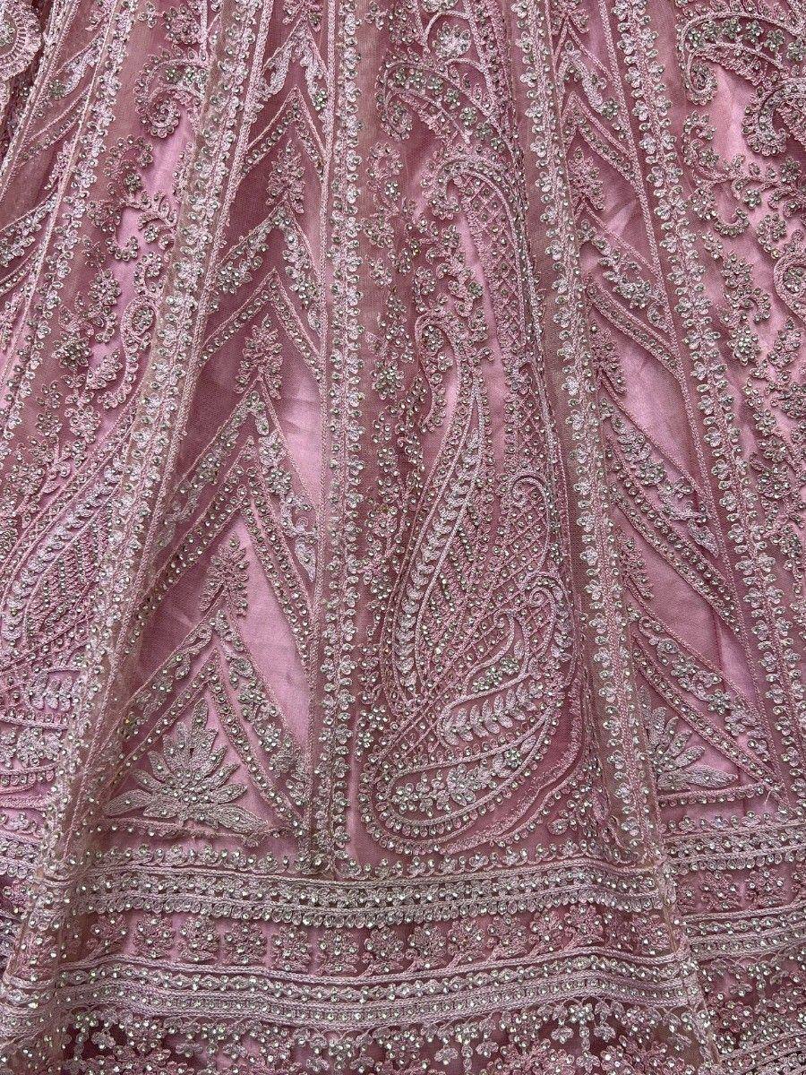 Pink designer lehenga with intricate silver embroidery and beadwork, ethnic wear for weddings