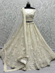 Ravishing Cream Thread Work Net Engagement Wear Lehenga Choli
