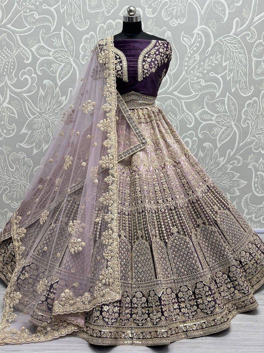 Purple and gold embroidered lehenga choli with net dupatta, Indian ethnic wear for weddings