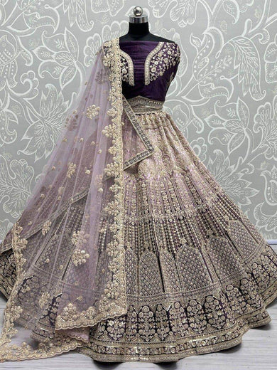 Gorgeous Purple Thread Work Velvet Lehenga Choli With Double Dupatta