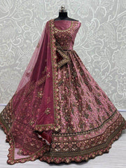Lovely Dusty Pink Thread Work Velvet Lehenga Choli With Double Dupatta