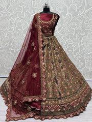 Cute Beige & Maroon Thread Work Velvet Bridal Lehenga Choli