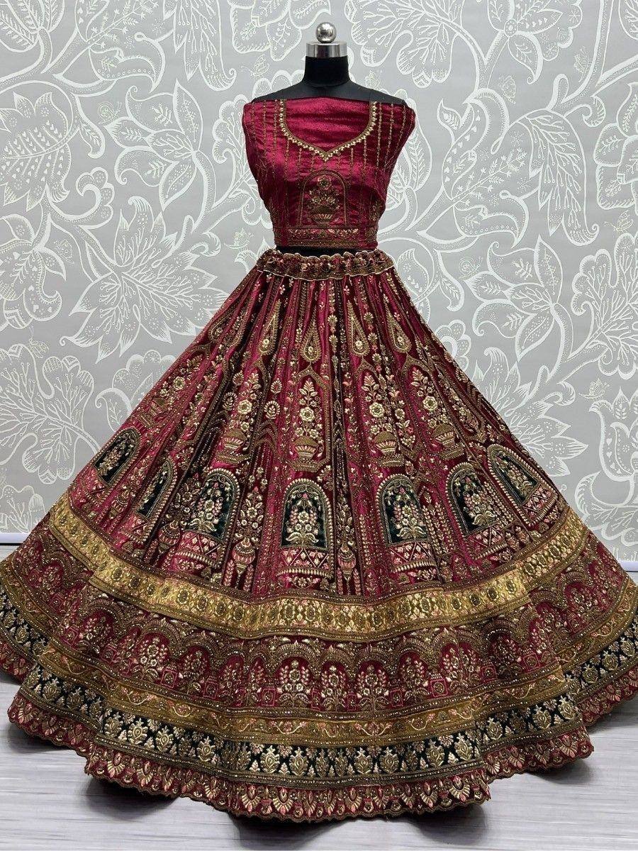 Maroon designer lehenga choli with gold embroidery, ethnic Indian wedding wear