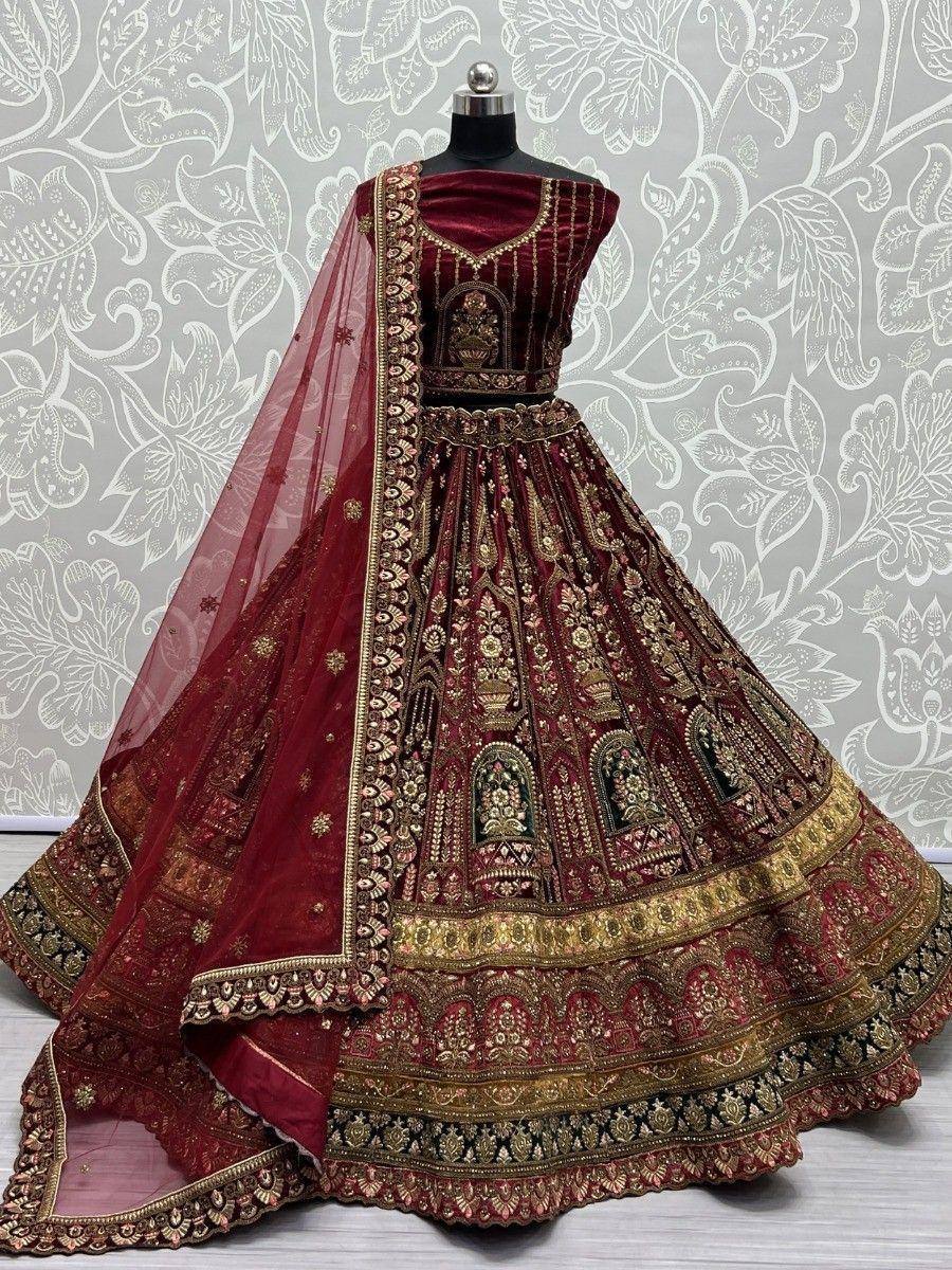 Maroon velvet lehenga choli with gold embroidery and matching dupatta, Indian ethnic wear