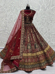 Lovable Maroon Thread Work Velvet Bridal Lehenga Choli With Dupatta