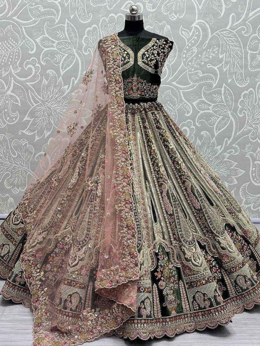 Designer lehenga choli with heavy embroidery, floral motifs, and dupatta for Indian ethnic wear