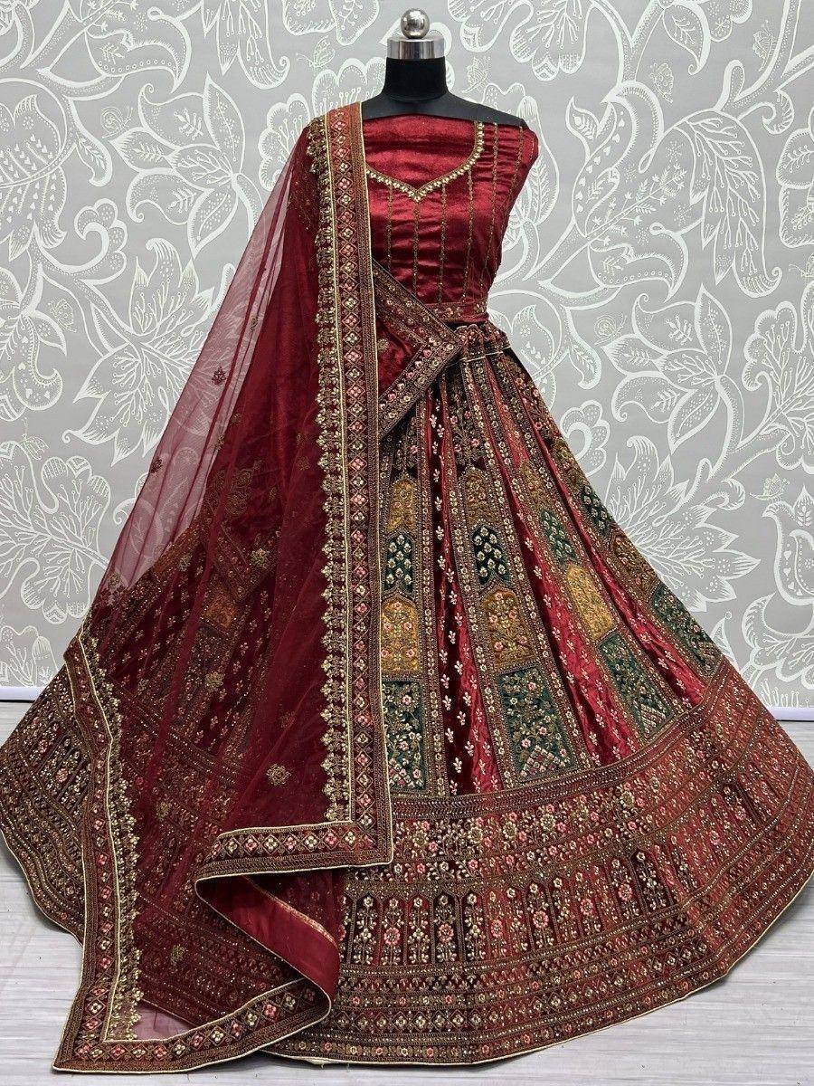 Maroon designer lehenga choli with heavy embroidery and dupatta, ethnic Indian wear for weddings