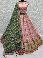 Tantalizing Peach Sequins Silk Wedding Wear Lehenga Choli With Dupatta
