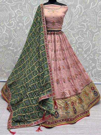 Tantalizing Peach Sequins Silk Wedding Wear Lehenga Choli With Dupatta