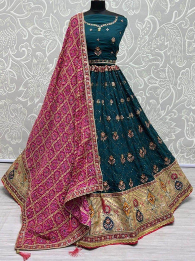 Alluring Teal Blue Sequins Silk Sangeet Wear Lehenga Choli With Dupatta