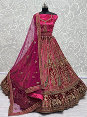 Charming Rani Pink Multi-Thread Work Velvet Bridal Lehenga Choli