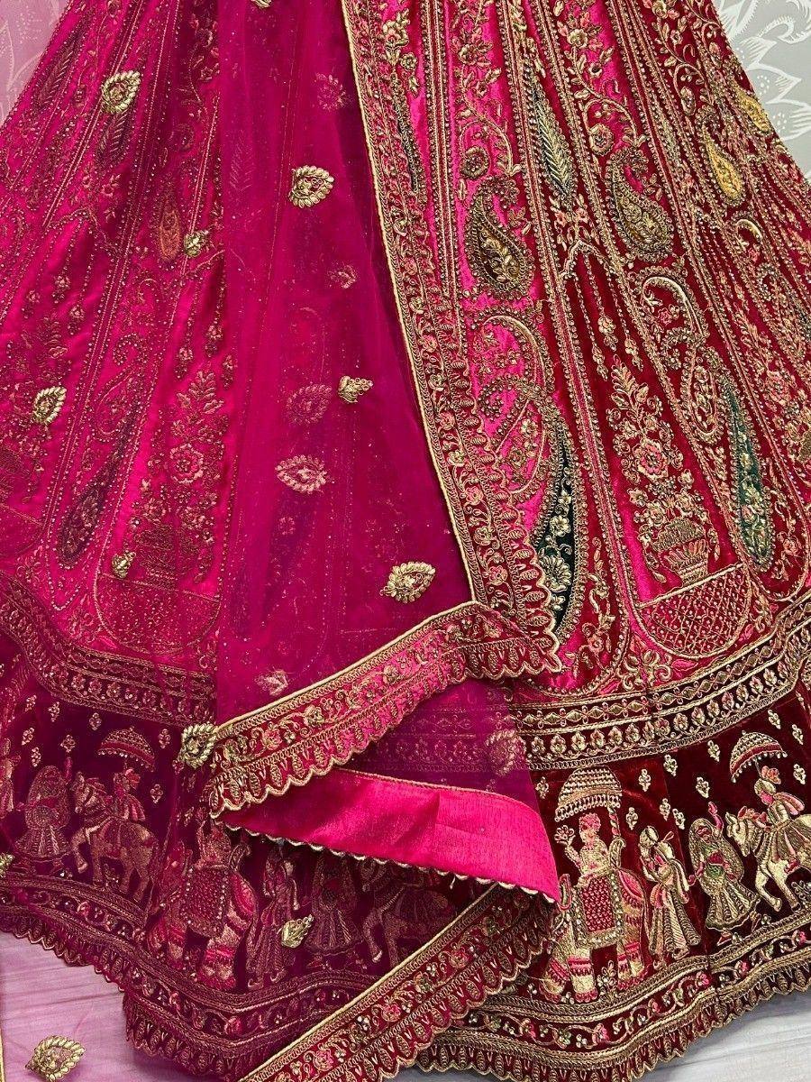 Luxury maroon lehenga choli with intricate gold embroidery and royal motifs, perfect for weddings