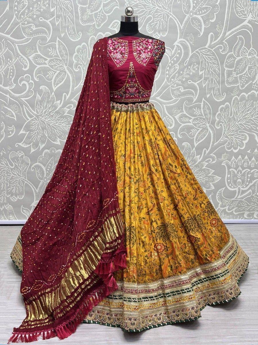 Maroon and yellow floral print lehenga choli with embroidered blouse and dupatta, ethnic Indian wear