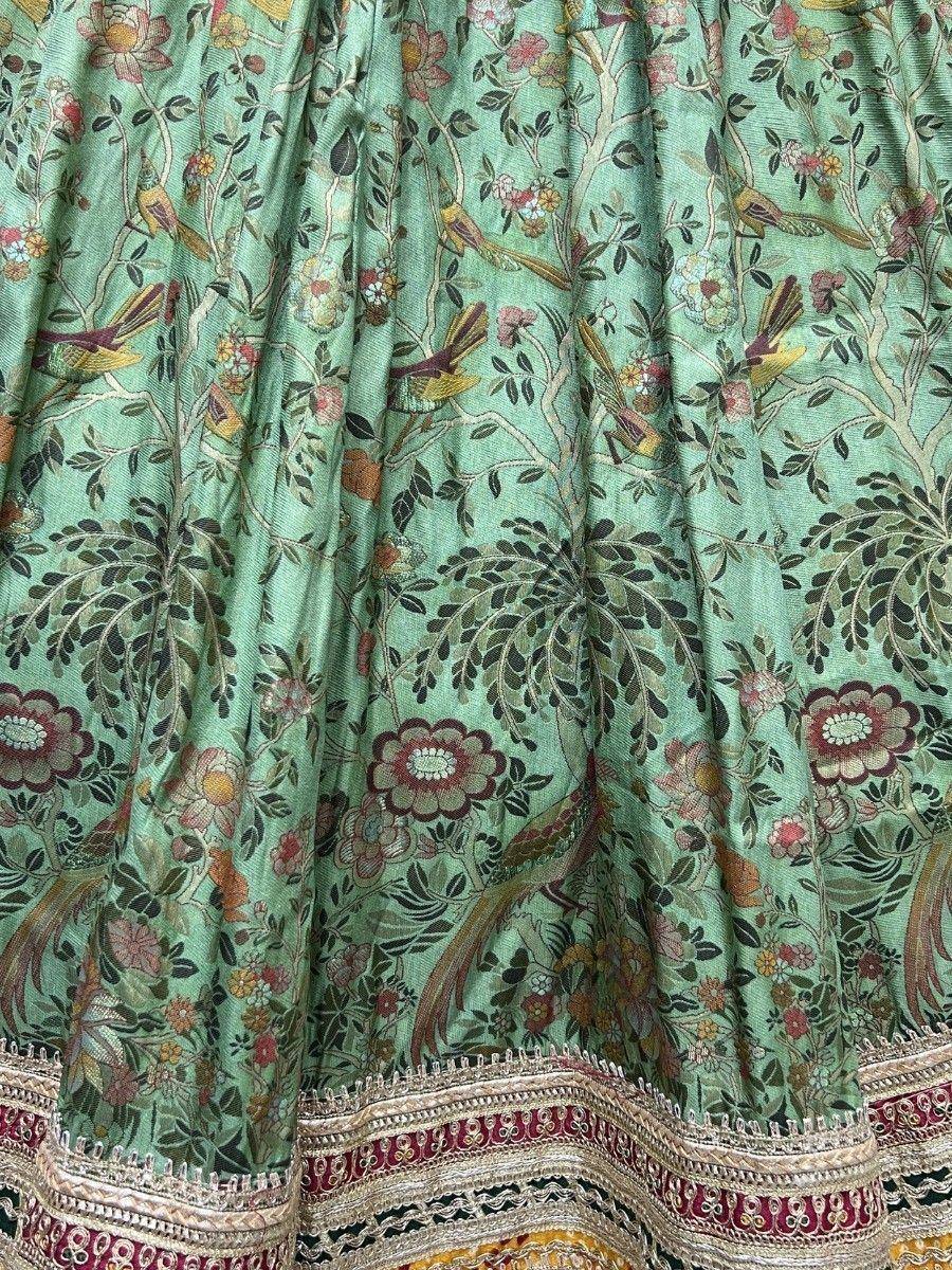 Mint green lehenga with floral bird print and embroidered border, ethnic Indian wear