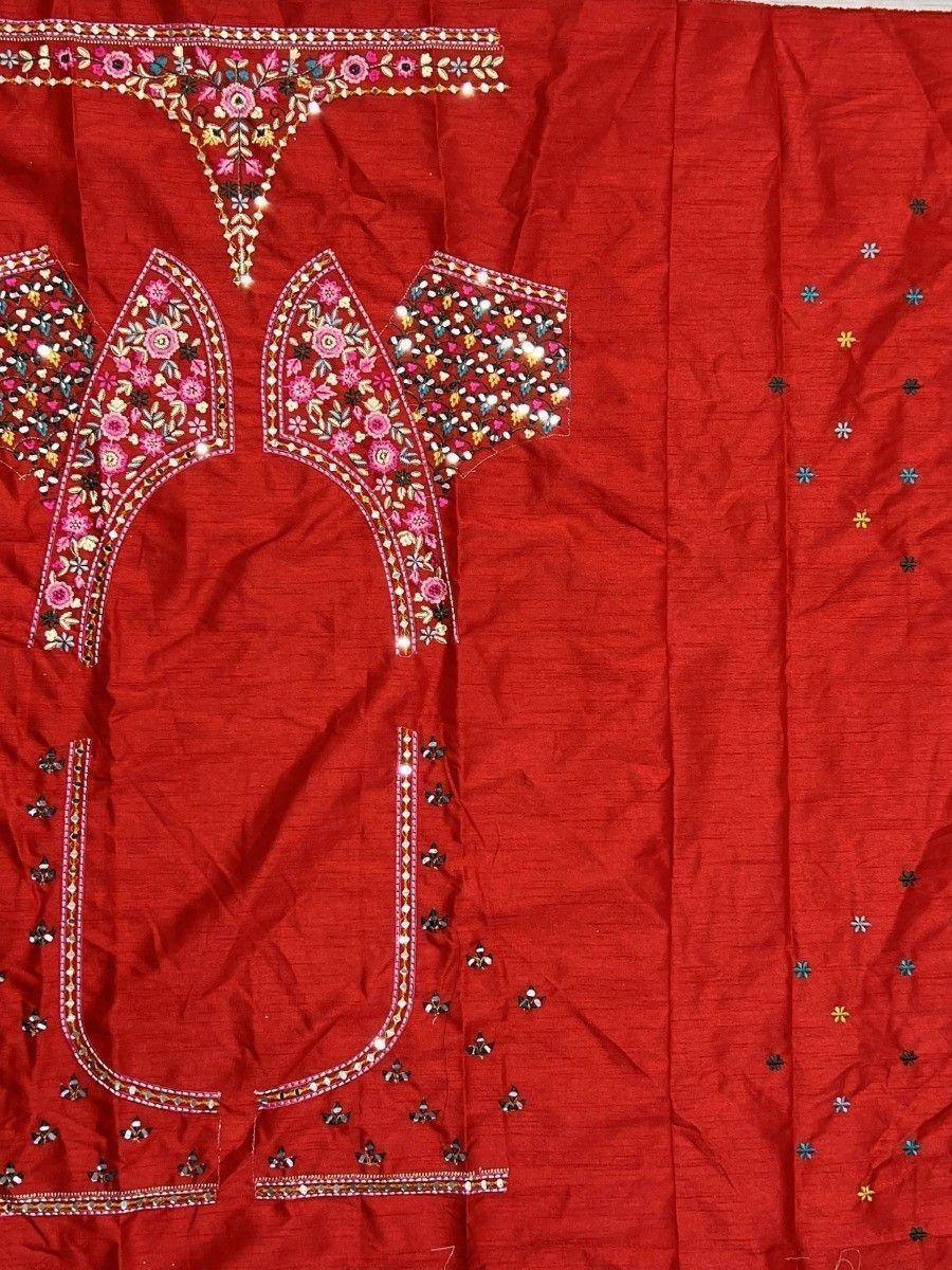 Red ethnic kurti with floral embroidery and mirror work, perfect for Indian wear