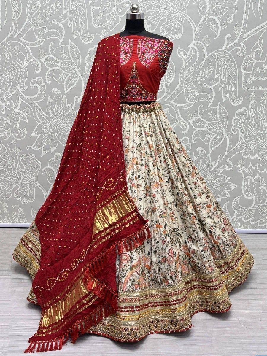 Red and cream floral lehenga choli with embroidered blouse and dupatta, Indian ethnic wear