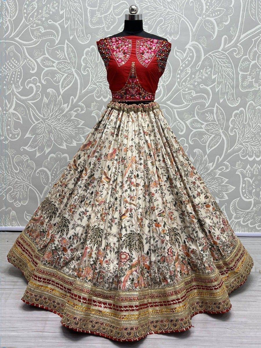 Red embroidered blouse with floral print lehenga, Indian ethnic wear for women
