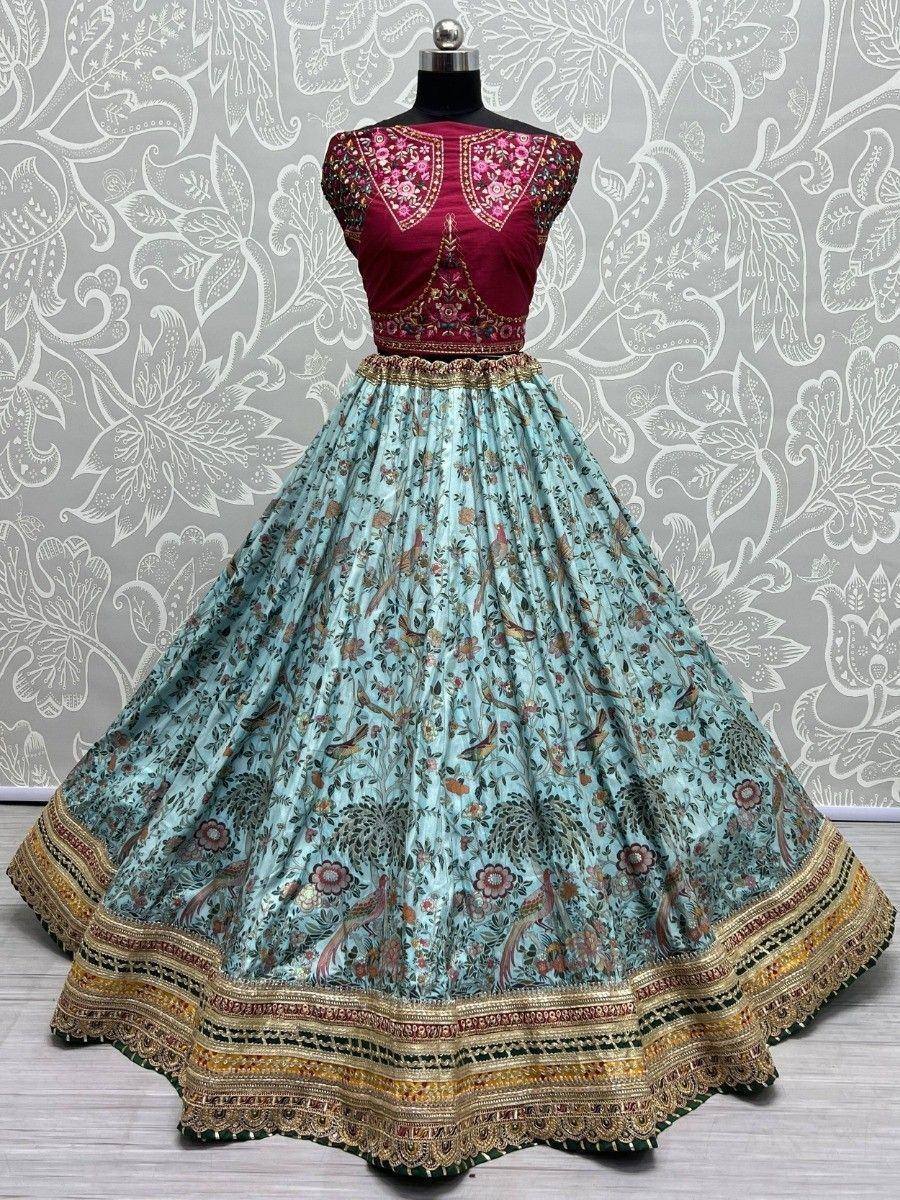 Maroon embroidered blouse with light blue floral lehenga, perfect for Indian ethnic wear occasions