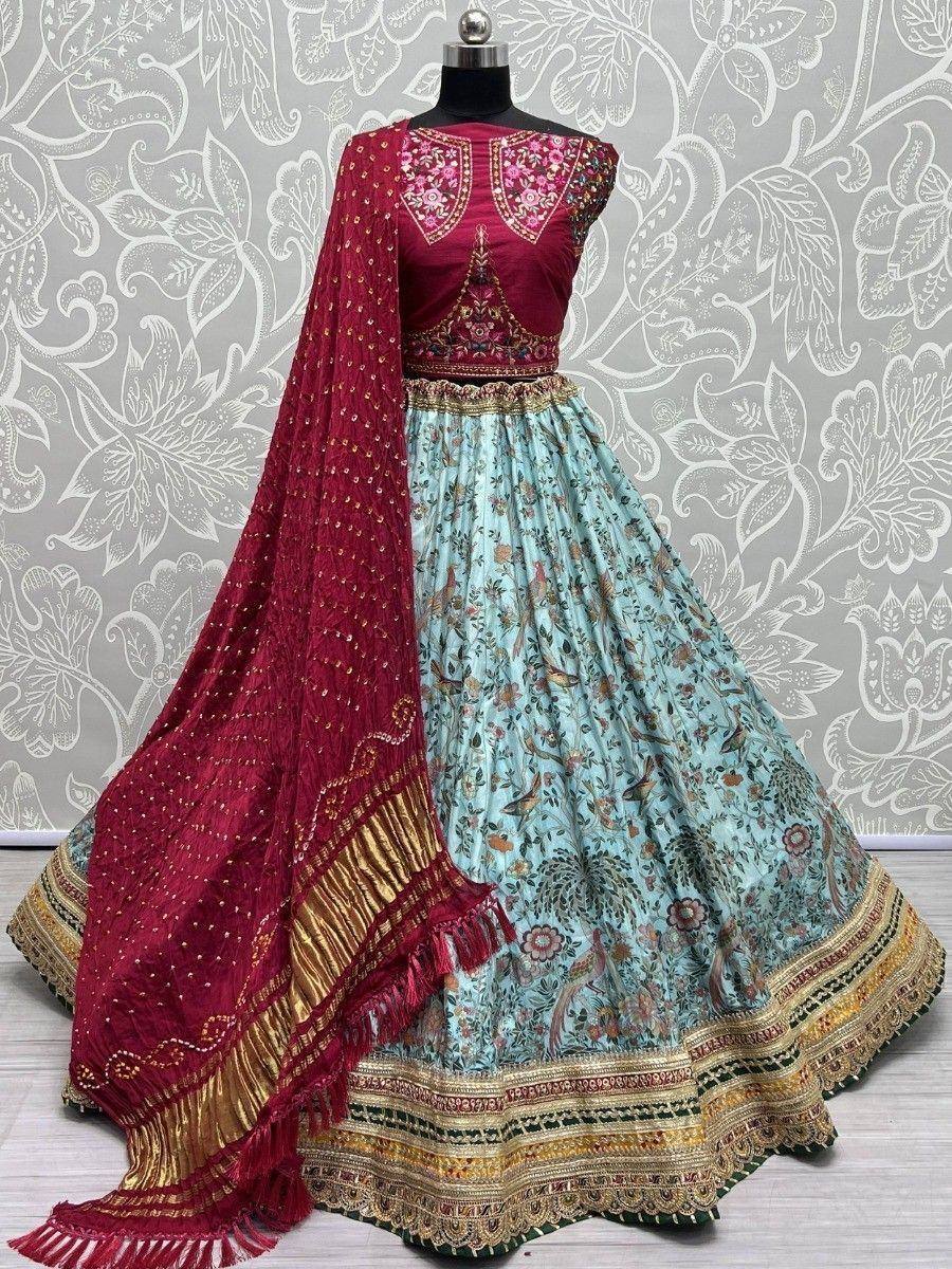 Maroon and mint blue embroidered lehenga choli with floral print skirt and dupatta, perfect for Indian ethnic occasions