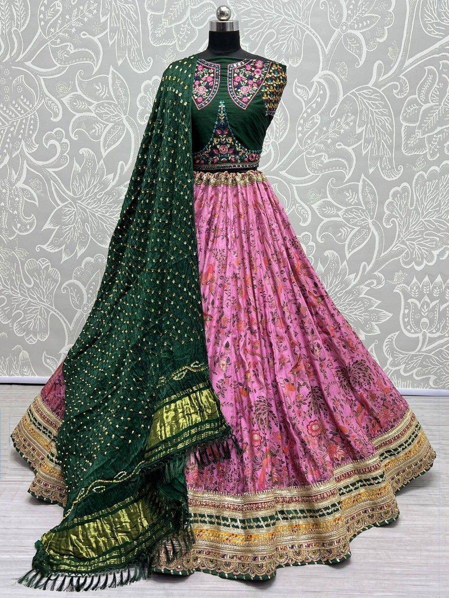 Pink floral lehenga with green embroidered blouse and dupatta, Indian ethnic wear