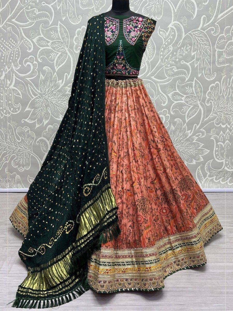 Green embroidered blouse with peach floral lehenga and matching dupatta, Indian ethnic wear