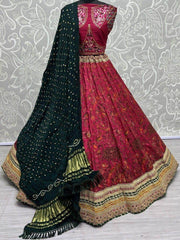 Stunning Rani Pink Floral Printed Silk Sangeet Wear Lehenga Choli