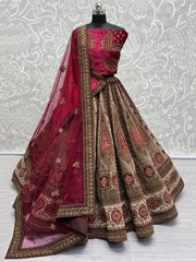 Amazing Maroon Embroidered Velvet Lehenga Choli With Double Dupatta