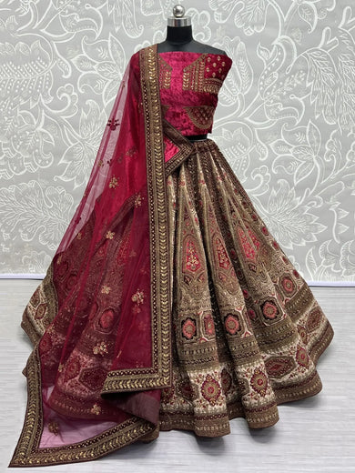 Amazing Maroon Embroidered Velvet Lehenga Choli With Double Dupatta