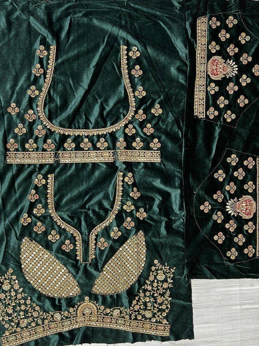 Emerald green velvet salwar kameez with gold embroidery and stone work, ethnic Indian wear