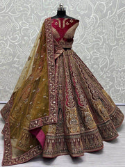 Lovely Maroon Embroidered Velvet Lehenga Choli With Double Dupatta