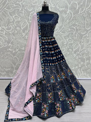 Marvelous Navy Blue Thread Work Georgette Lehenga Choli With Dupatta
