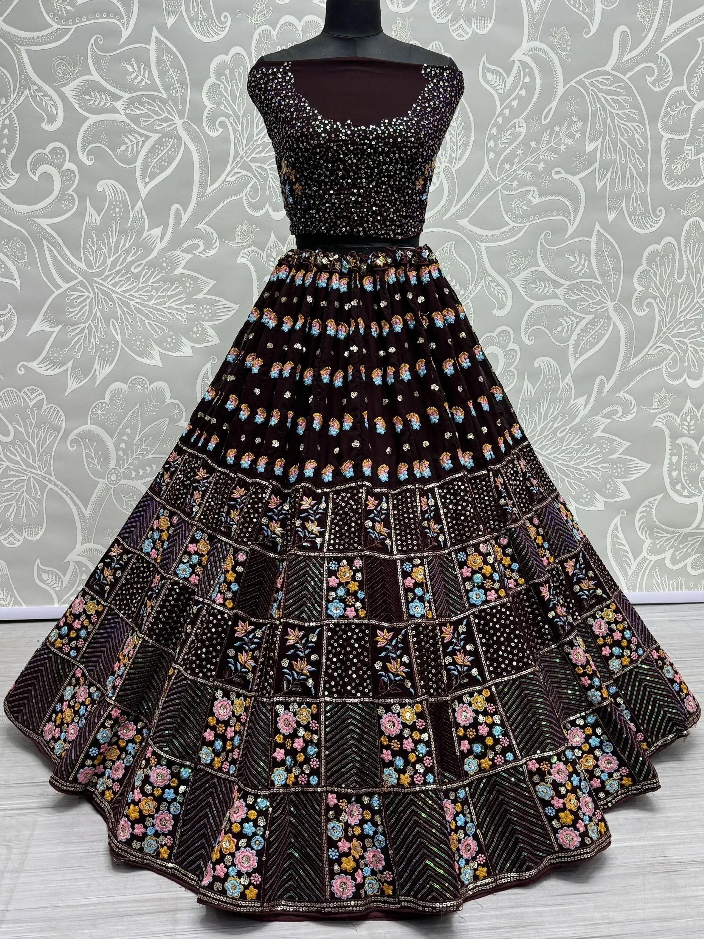 Dark purple embroidered lehenga choli with floral sequin work, perfect for Indian ethnic occasions